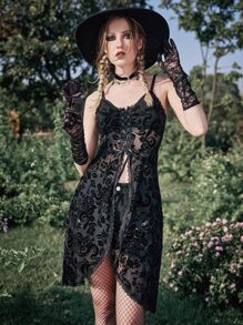 ROMWE Goth Đầm Ren lên cắt Chia Hoa Tất cả trên in Gợi cảm - màu đen - Xem 3