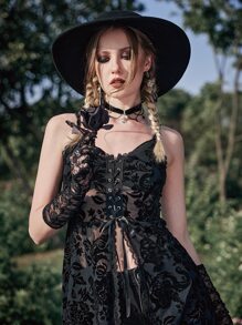 ROMWE Goth Đầm Ren lên cắt Chia Hoa Tất cả trên in Gợi cảm - màu đen - Xem 4