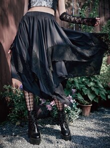 ROMWE Goth Asymmetrical Hem Contrast Lace Skirt,Ladies Casual Asymmetrical,Contrast Lace Midi Loose High Waist Black Halloween,Plain Women Skirts,Spring/Fall,Casual Daily Wear - Black - View 6