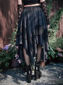 ROMWE Goth Asymmetrical Hem Contrast Lace Skirt,Ladies Casual Asymmetrical,Contrast Lace Midi Loose High Waist Black Halloween,Plain Women Skirts,Spring/Fall,Casual Daily Wear - Black - View 7