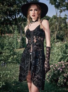 ROMWE Goth Đầm Ren lên cắt Chia Hoa Tất cả trên in Gợi cảm - màu đen - Xem 6