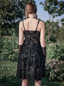 ROMWE Goth Đầm Ren lên cắt Chia Hoa Tất cả trên in Gợi cảm - màu đen - Xem 7