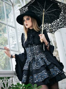 Goth Vestido de tirantes con estampado floral bajo a capas - Multicolor - Ver 1