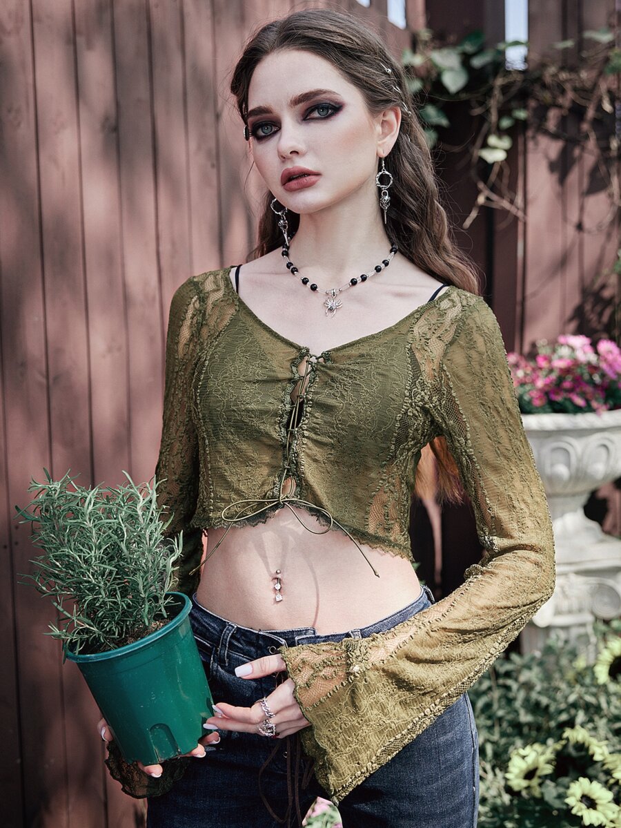 ROMWE Goth Top con encaje con cordón delantero - Verde militar - Ver 1