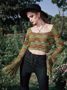 ROMWE Goth Space Dye Flounce Sleeve Crop Sweater - Multicolor - View 1