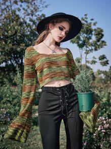 ROMWE Goth Space Dye Flounce Sleeve Crop Sweater - Multicolor - View 2