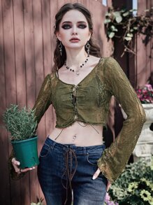 ROMWE Goth Top con encaje con cordón delantero - Verde militar - Ver 2