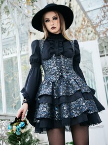 Goth Vestido de tirantes con estampado floral bajo a capas - Multicolor - Ver 4