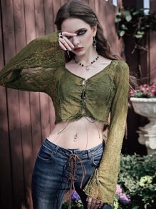 ROMWE Goth Top con encaje con cordón delantero - Verde militar - Ver 3