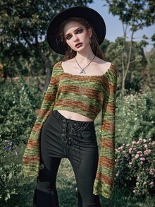 ROMWE Goth Space Dye Flounce Sleeve Crop Sweater - Multicolor - View 3