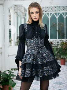 Goth Vestido de tirantes con estampado floral bajo a capas - Multicolor - Ver 5