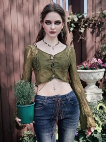 ROMWE Goth Top con encaje con cordón delantero - Verde militar - Ver 4