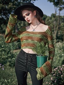 ROMWE Goth Space Dye Flounce Sleeve Crop Sweater - Multicolor - View 4