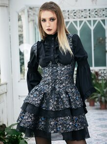 Goth Vestido de tirantes con estampado floral bajo a capas - Multicolor - Ver 6
