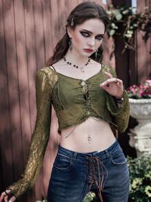 ROMWE Goth Top con encaje con cordón delantero - Verde militar - Ver 5