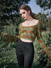 ROMWE Goth Space Dye Flounce Sleeve Crop Sweater - Multicolor - View 5