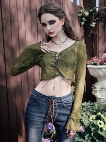ROMWE Goth Top con encaje con cordón delantero - Verde militar - Ver 6