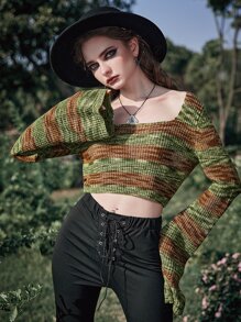 ROMWE Goth Space Dye Flounce Sleeve Crop Sweater - Multicolor - View 6