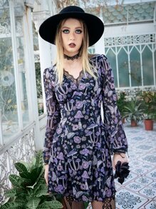 ROMWE Goth Mushroom & Butterfly Print Contrast Lace Dress - Multicolor - View 1