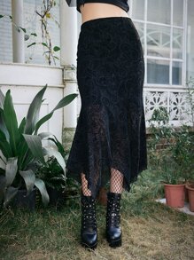 ROMWE Goth Paisley Print Asymmetrical Hem Skirt - Black - View 2