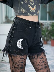 ROMWE Goth 太陽月亮圖案側邊綁帶牛仔短褲 - 黑色 - 查看 2