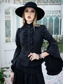 ROMWE Goth Renaissance Ruffle Trim Flounce Sleeve Shirt, School Long Sleeve Tops - Black - View 2