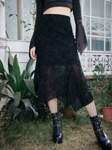 ROMWE Goth Paisley Print Asymmetrical Hem Skirt - Black - View 3