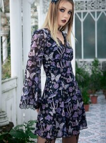 ROMWE Goth Mushroom & Butterfly Print Contrast Lace Dress - Multicolor - View 3