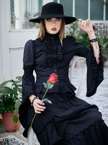 ROMWE Goth Renaissance Ruffle Trim Flounce Sleeve Shirt, School Long Sleeve Tops - Black - View 3