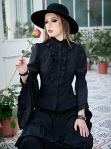 ROMWE Goth Renaissance Ruffle Trim Flounce Sleeve Shirt, School Long Sleeve Tops - Black - View 4