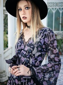 ROMWE Goth Mushroom & Butterfly Print Contrast Lace Dress - Multicolor - View 4
