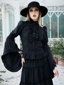 ROMWE Goth Renaissance Ruffle Trim Flounce Sleeve Shirt, School Long Sleeve Tops - Black - View 5