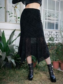 ROMWE Goth Paisley Print Asymmetrical Hem Skirt - Black - View 5