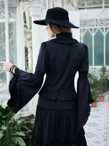 ROMWE Goth Renaissance Ruffle Trim Flounce Sleeve Shirt, School Long Sleeve Tops - Black - View 6