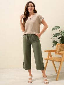 EMERY ROSE Solid Wide Leg Trousers - Army Green - View 4