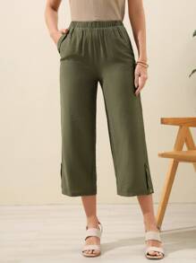 EMERY ROSE Solid Wide Leg Trousers - Army Green - View 1