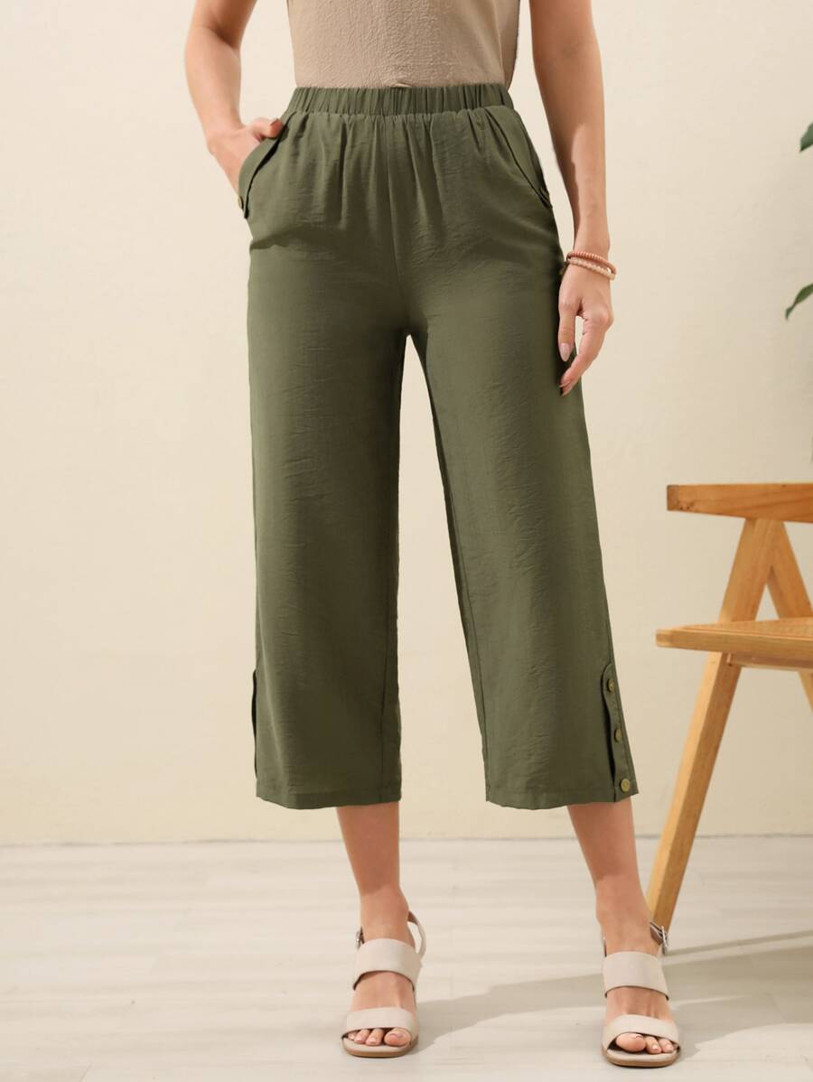 EMERY ROSE Solid Wide Leg Trousers - Army Green - View 1