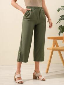 EMERY ROSE Solid Wide Leg Trousers - Army Green - View 6