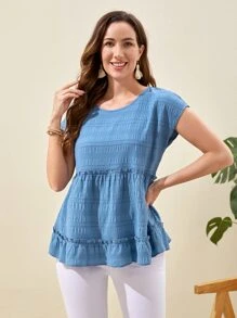 EMERY ROSE Blusa de manga murciélago bajo con fruncido - Celeste - Ver 1