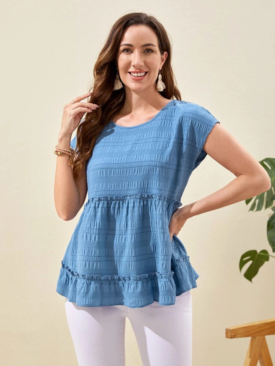 EMERY ROSE Blusa de manga murciélago bajo con fruncido - Celeste - Ver 1