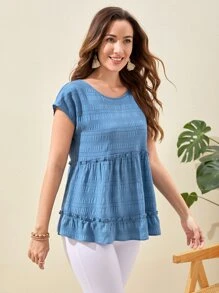 EMERY ROSE Blusa de manga murciélago bajo con fruncido - Celeste - Ver 4