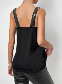 SHEIN Privé Áo hai dây Pha lê kim cương Nhẫn Dây kéo màu trơn Giải trí - màu đen - Xem 2