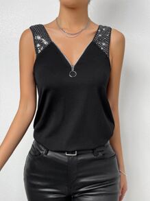 SHEIN Privé Áo hai dây Pha lê kim cương Nhẫn Dây kéo màu trơn Giải trí - màu đen - Xem 5