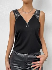 SHEIN Privé Áo hai dây Pha lê kim cương Nhẫn Dây kéo màu trơn Giải trí - màu đen - Xem 6