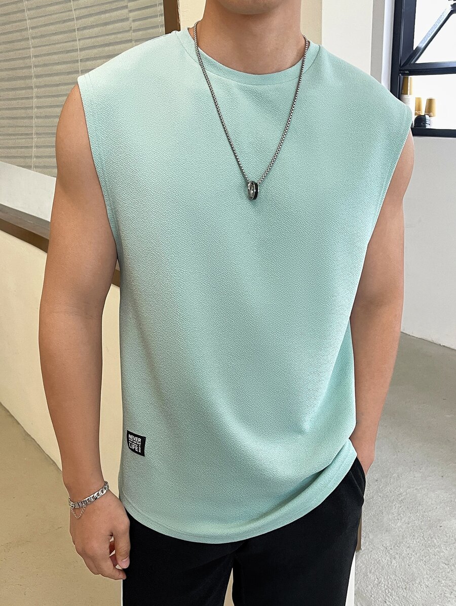 Manfinity VCAY Men Letter Patched Detail Tank Top, Sleeveless Plain Light Green Going Out Korean Fashion Tank Top - Mint Green - View 1