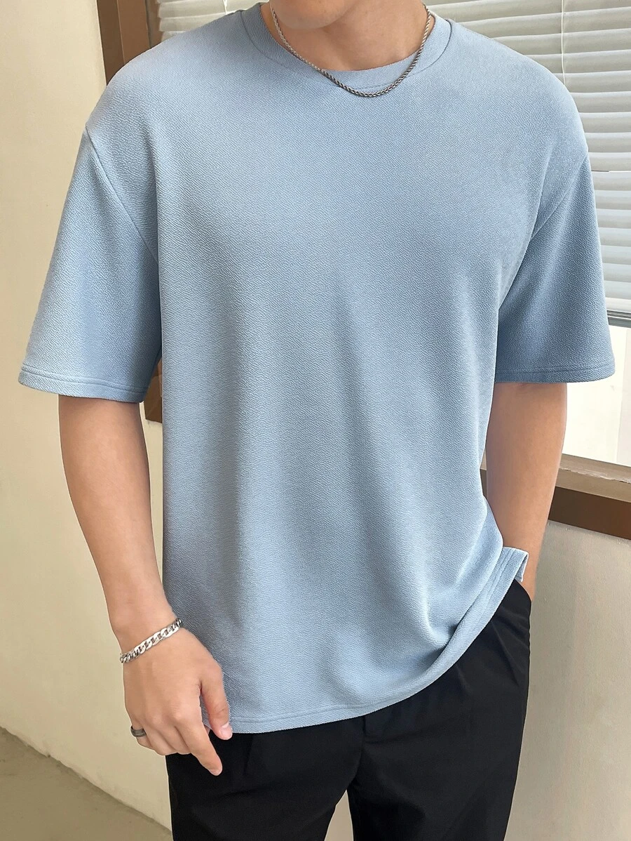 Manfinity VCAY Men Casual Solid Drop Shoulder Crew Neck Tee, Summer - Baby Blue - View 1