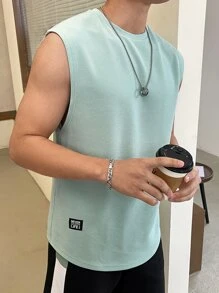 Manfinity VCAY Men Letter Patched Detail Tank Top, Sleeveless Plain Light Green Going Out Korean Fashion Tank Top - Mint Green - View 7