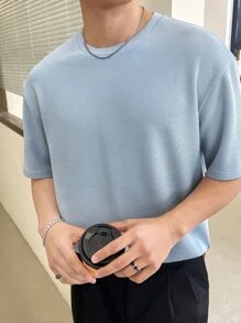 Manfinity VCAY Men Casual Solid Drop Shoulder Crew Neck Tee, Summer - Baby Blue - View 7