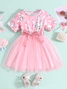 Niñas Vestido con estampado de conejo bajo con malla - Rosa - Ver 1