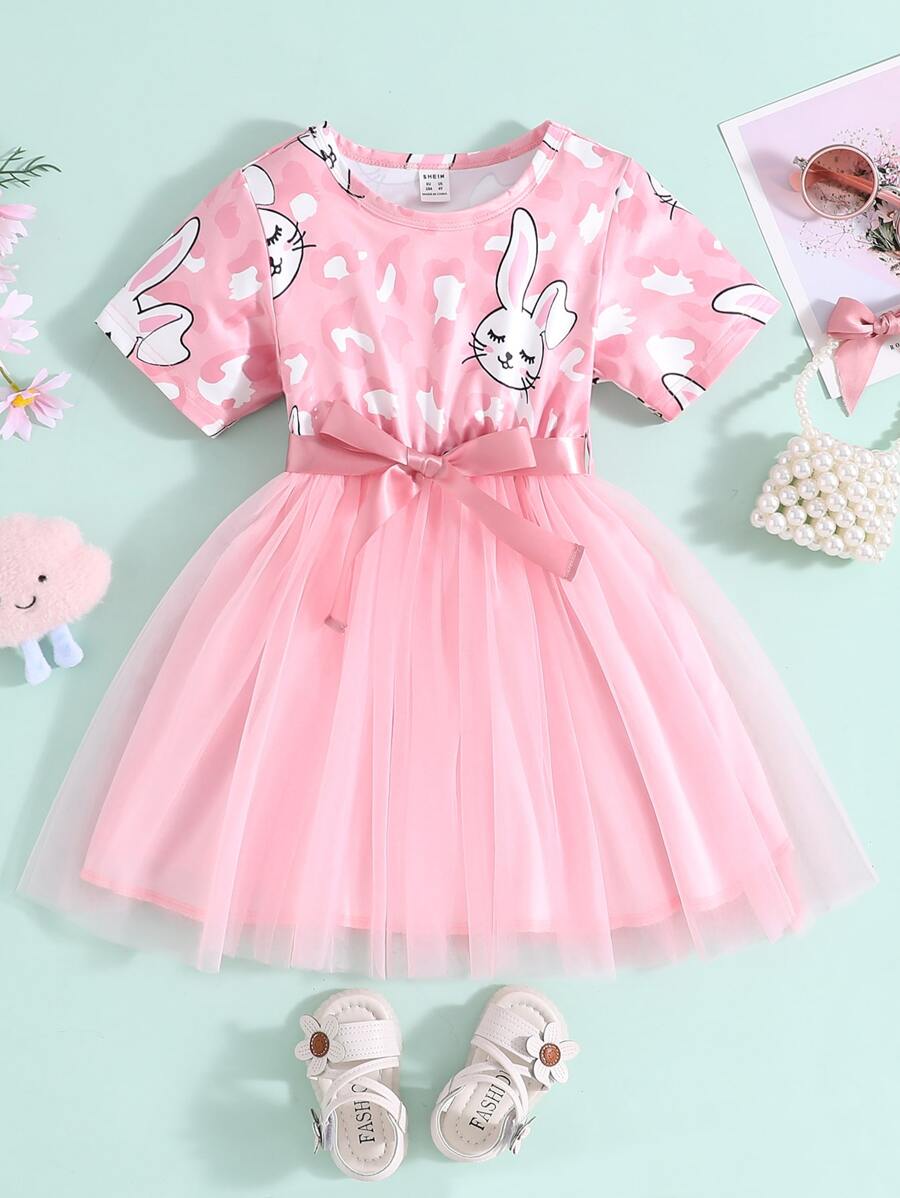 Niñas Vestido con estampado de conejo bajo con malla - Rosa - Ver 1